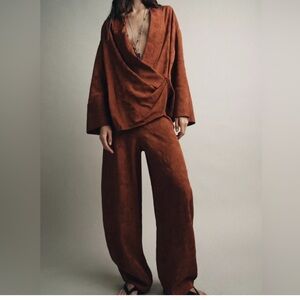 Zara Kimono Wide-Leg Pants SET in Rust Brown